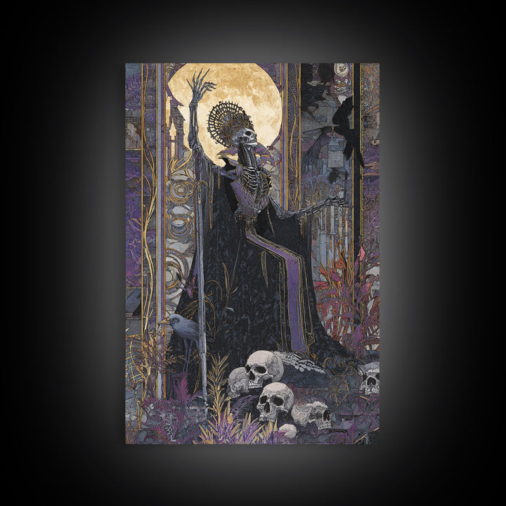 The Necromancer Queen, Stained Glass Gothic Art, Vertical Wall Art, Dark Halloween Decor, Framed Canvas Print, Halloween Wall Art