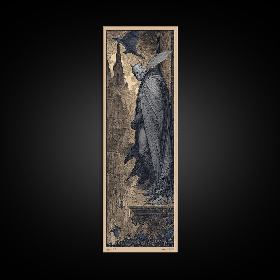 The Bat Prince, Gothic Engraving Art, Tall Narrow Wall Art, Dark Fantasy Wall Art, Framed Canvas Print, Halloween Wall Art