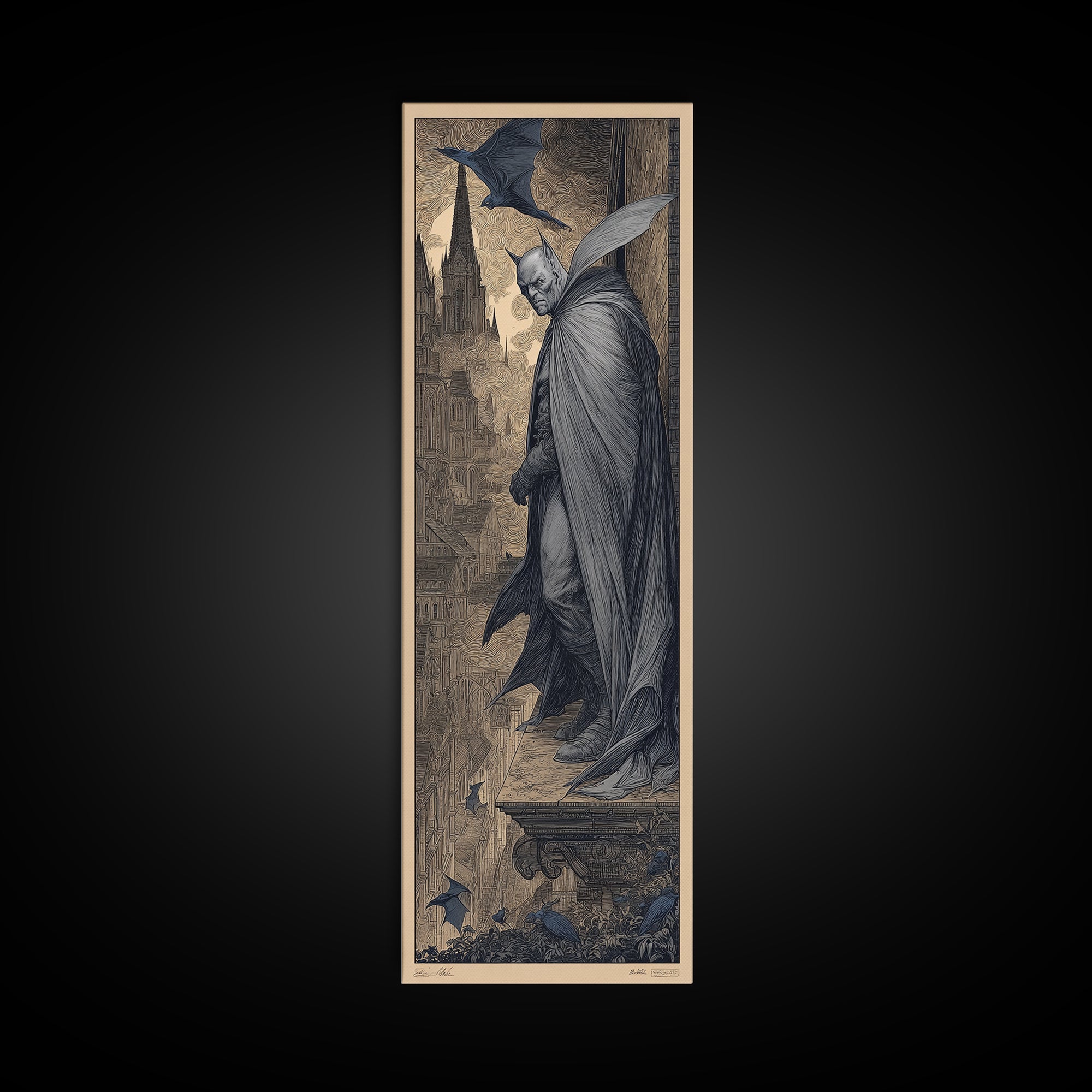 The Bat Prince, Gothic Engraving Art, Tall Narrow Wall Art, Dark Fantasy Wall Art, Framed Canvas Print, Halloween Wall Art