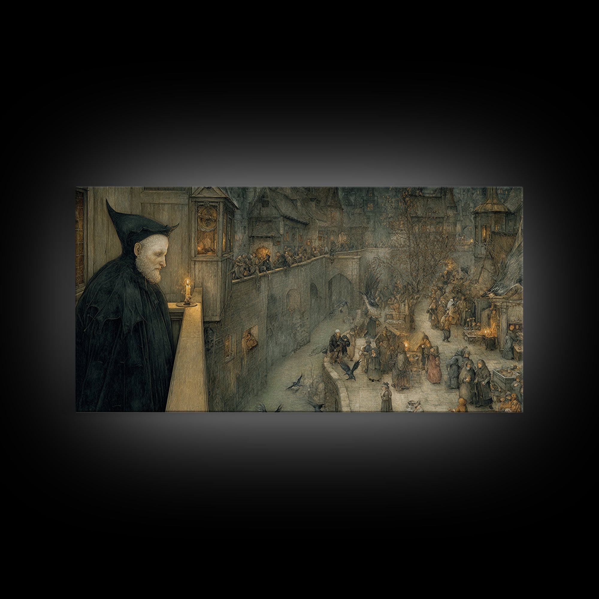 The Bat Prince, Northern Renaissance Horror, Wide Panoramic Art, Gothic Horror Wall Art, Canvas Print, Halloween Wall Art
