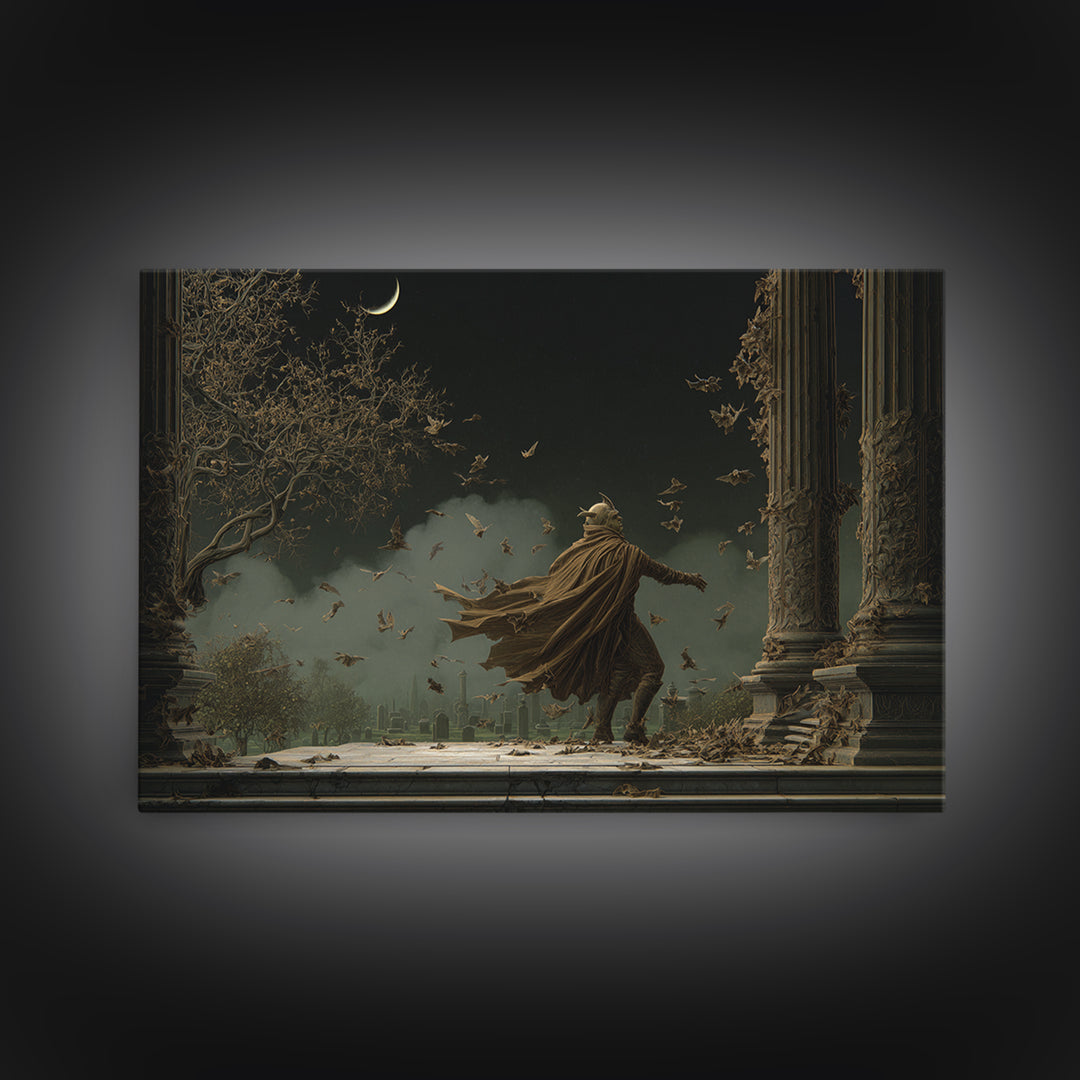 The Bat Prince, Romantic Gothic Landscape, Landscape Wall Art, Dark Halloween Decor, Framed Canvas Print, Halloween Wall Art