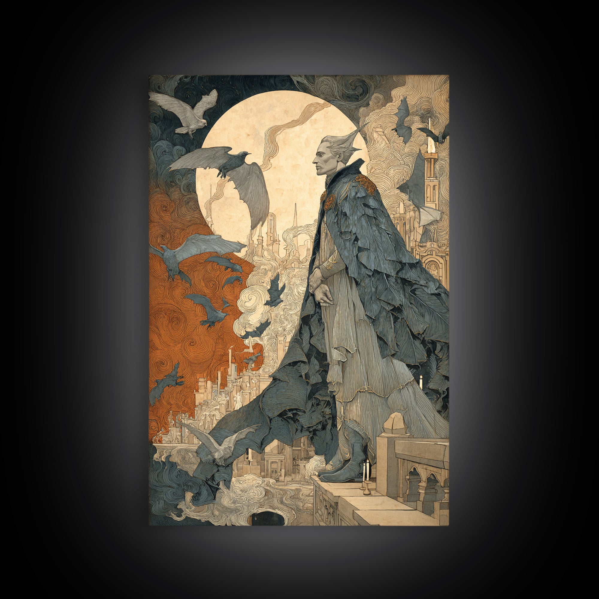 The Bat Prince, Symbolist Etching Art, Vertical Wall Art, Gothic Horror Wall Art, Canvas Print, Halloween Wall Art, Seasonal Home Decor