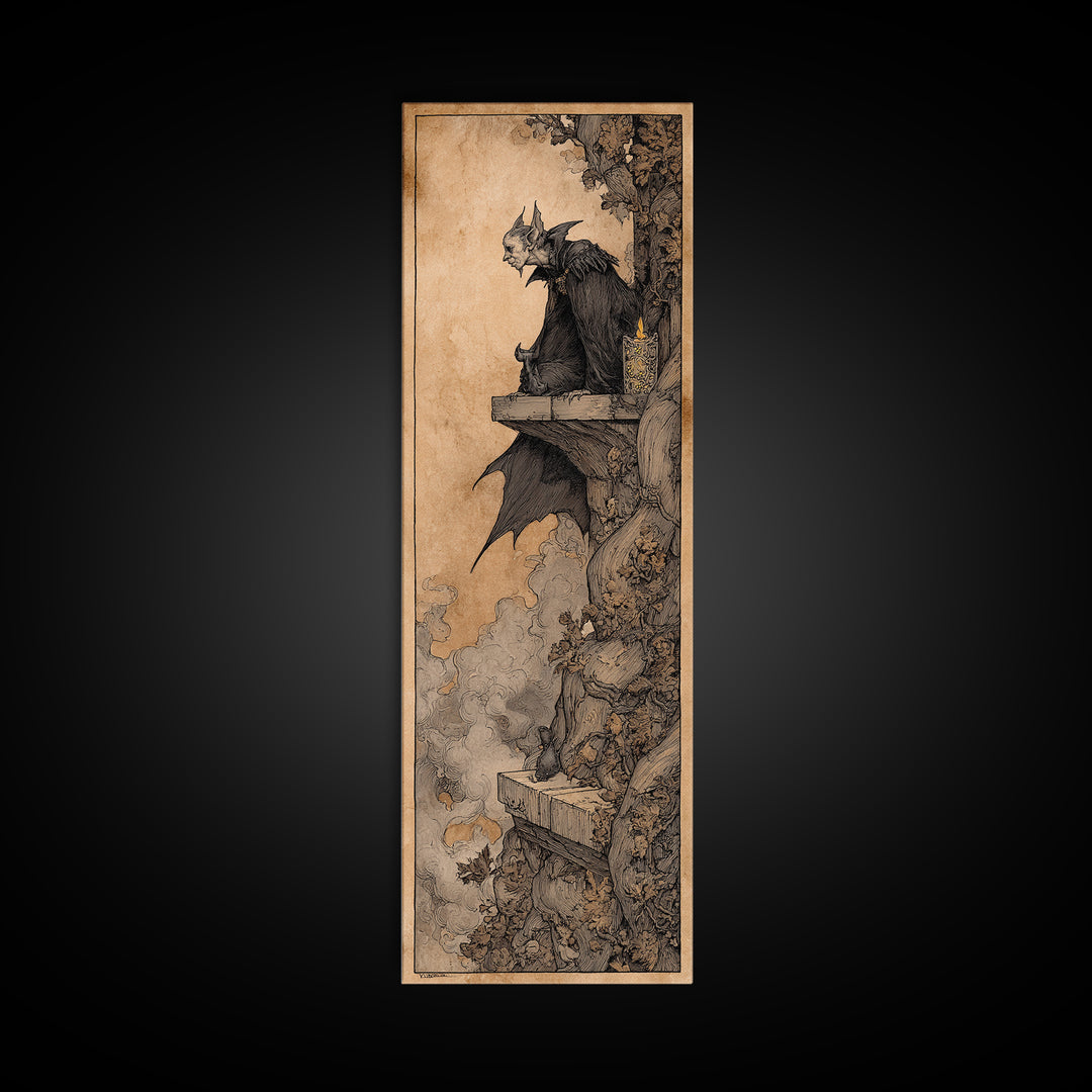 The Bat Prince, Gothic Storybook Art, Tall Narrow Wall Art, Macabre Wall Art, Framed Canvas Print, Halloween Wall Art
