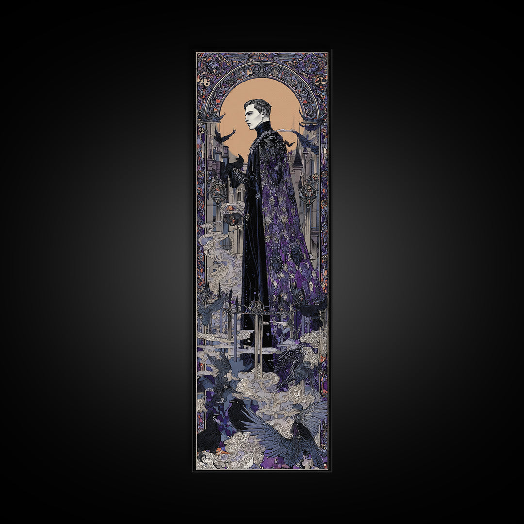 The Bat Prince, Stained Glass Gothic Art, Tall Narrow Wall Art, Macabre Wall Art, Framed Canvas Print, Halloween Wall Art
