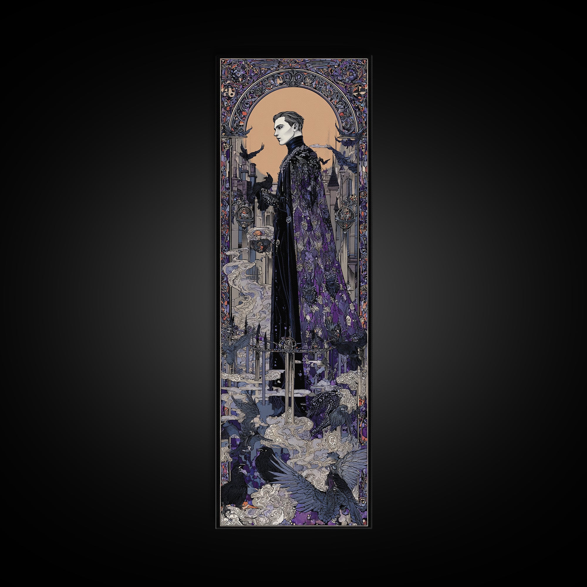 The Bat Prince, Stained Glass Gothic Art, Tall Narrow Wall Art, Macabre Wall Art, Framed Canvas Print, Halloween Wall Art