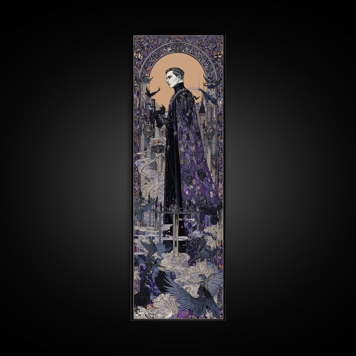 The Bat Prince, Stained Glass Gothic Art, Tall Narrow Wall Art, Macabre Wall Art, Framed Canvas Print, Halloween Wall Art