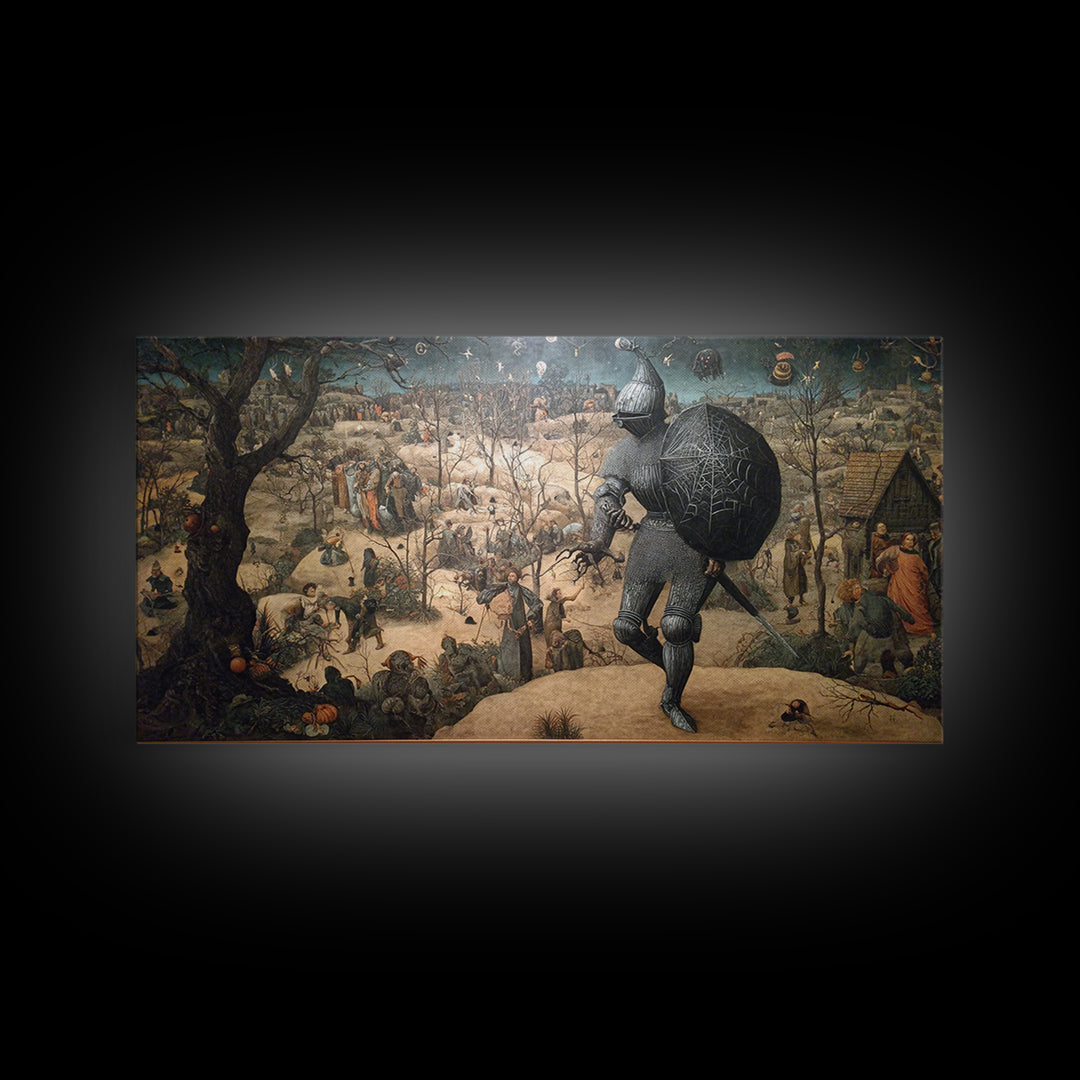 The Spider Knight, Northern Renaissance Horror, Wide Panoramic Art, Macabre Wall Art, Canvas Print, Halloween Wall Art