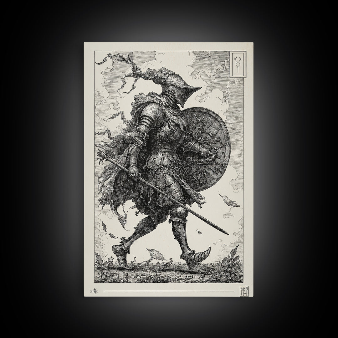 The Spider Knight, Renaissance Engraving Art, Vertical Wall Art, Macabre Wall Art, Canvas Print, Halloween Wall Art, Spooky Wall Decor