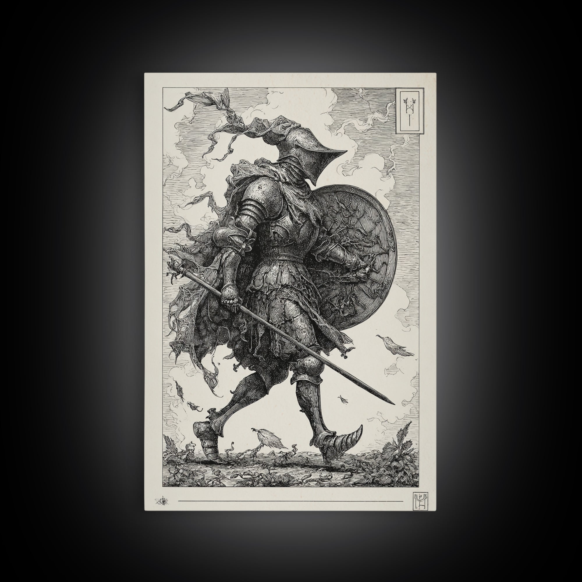 The Spider Knight, Renaissance Engraving Art, Vertical Wall Art, Macabre Wall Art, Canvas Print, Halloween Wall Art, Spooky Wall Decor