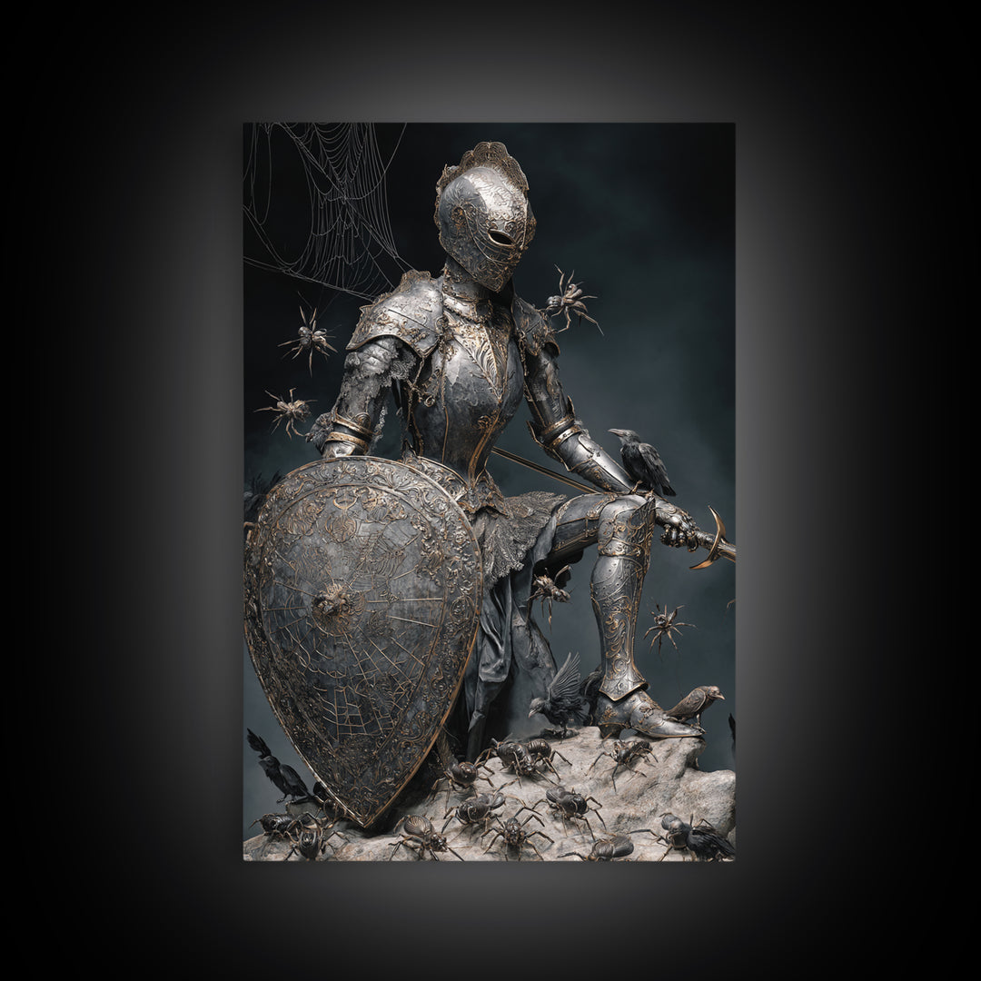 The Spider Knight, Visionary Gothic Art, Vertical Wall Art, Dark Halloween Decor, Framed Canvas Print, Halloween Wall Art