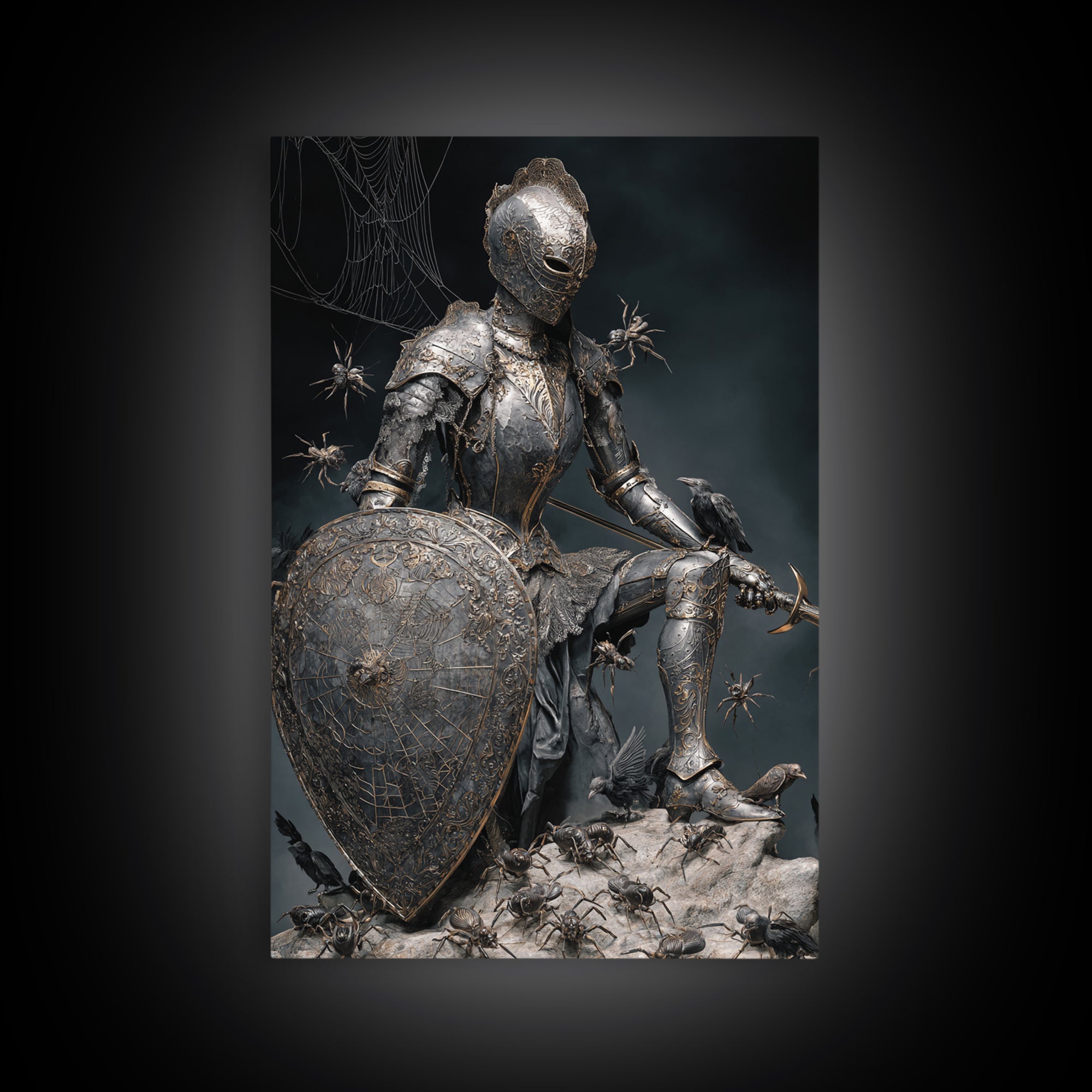 The Spider Knight, Visionary Gothic Art, Vertical Wall Art, Dark Halloween Decor, Framed Canvas Print, Halloween Wall Art