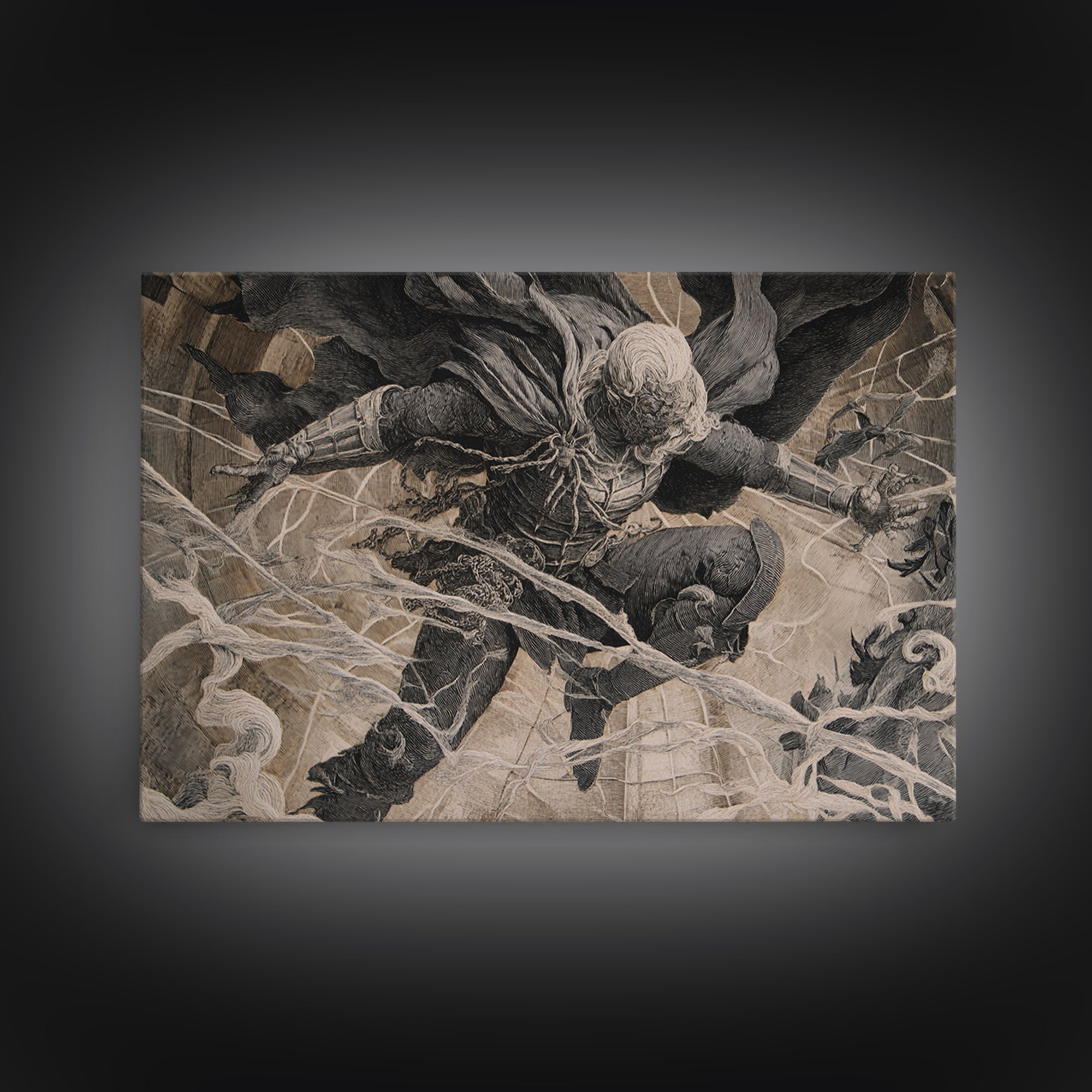 The Spider Knight, Architectural Etching Art, Landscape Wall Art, Macabre Wall Art, Framed Canvas Print, Halloween Wall Art