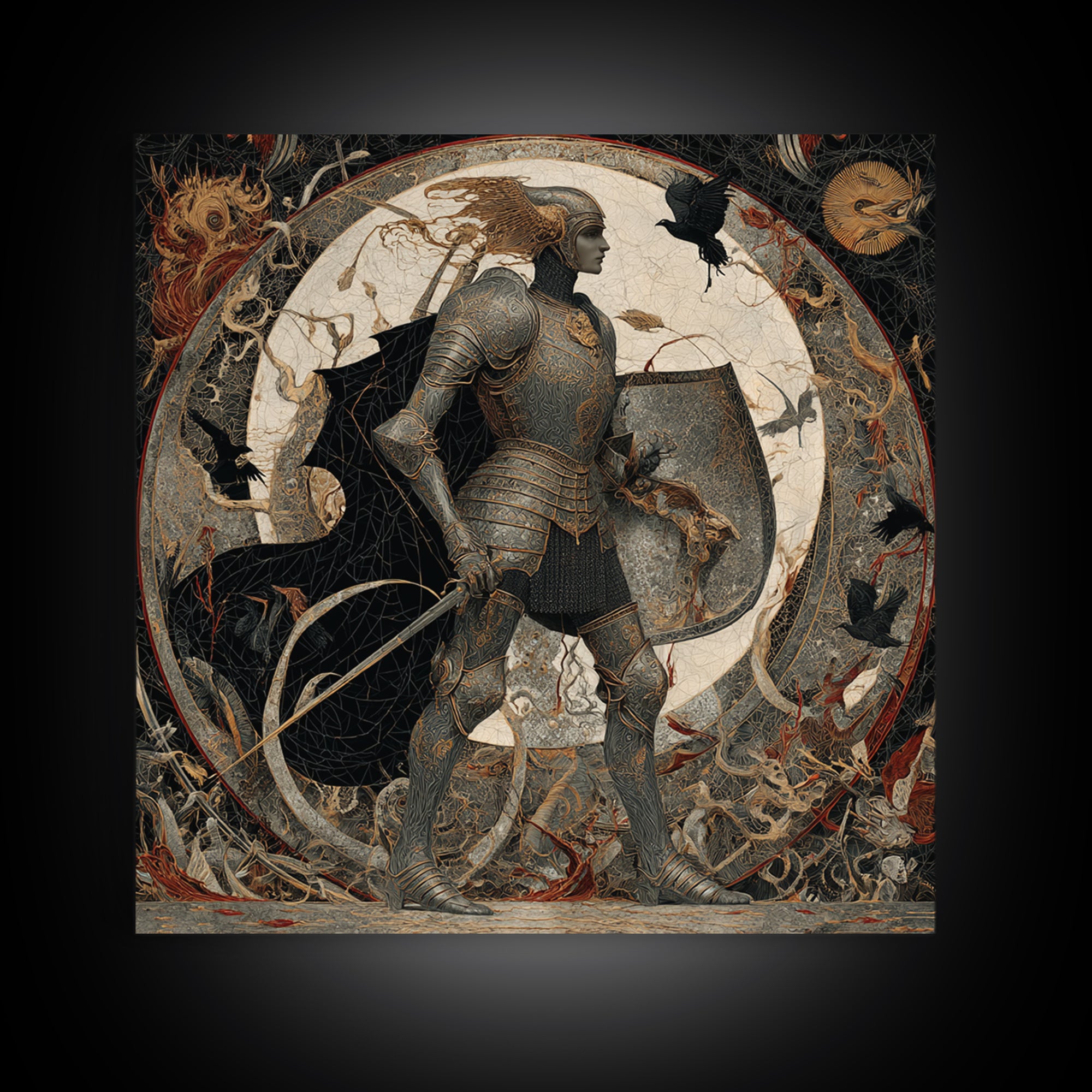 The Spider Knight, Dark Symbolist Art, Square Wall Art, Dark Halloween Decor, Framed Canvas Print, Halloween Wall Art