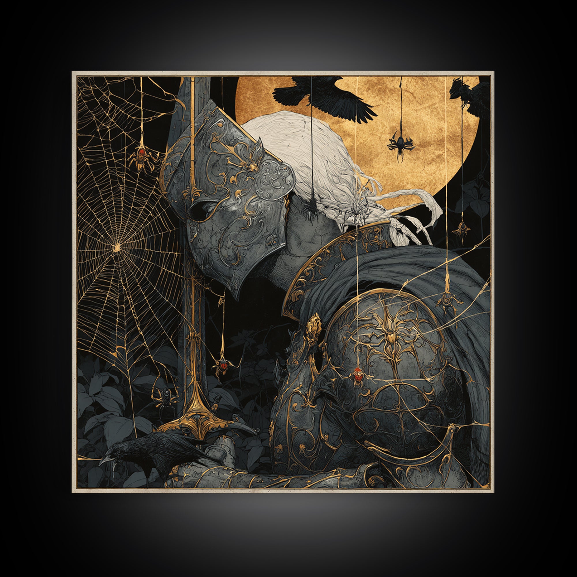 The Spider Knight, Symbolist Etching Art, Square Wall Art, Macabre Wall Art, Canvas Print, Halloween Wall Art, Halloween Decor