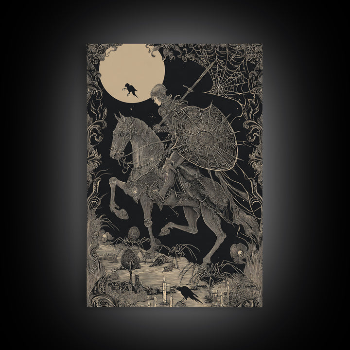 The Spider Knight, Decadent Line Art, Vertical Wall Art, Macabre Wall Art, Framed Canvas Print, Halloween Wall Art