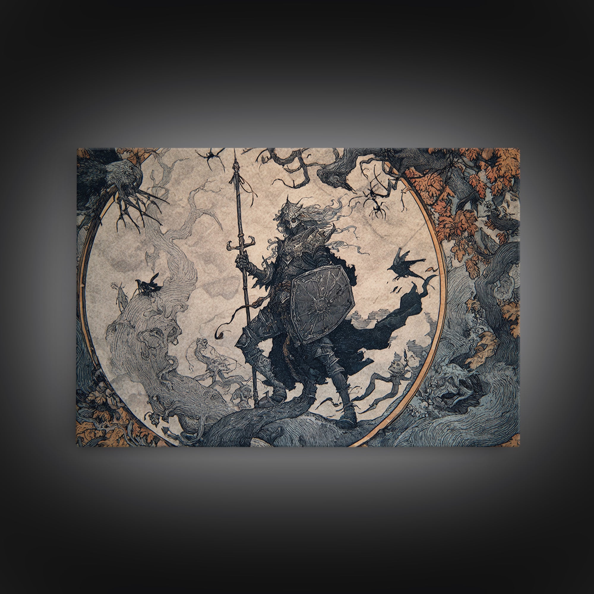 The Spider Knight, Gothic Storybook Art, Landscape Wall Art, Dark Fantasy Wall Art, Framed Canvas Print, Halloween Wall Art