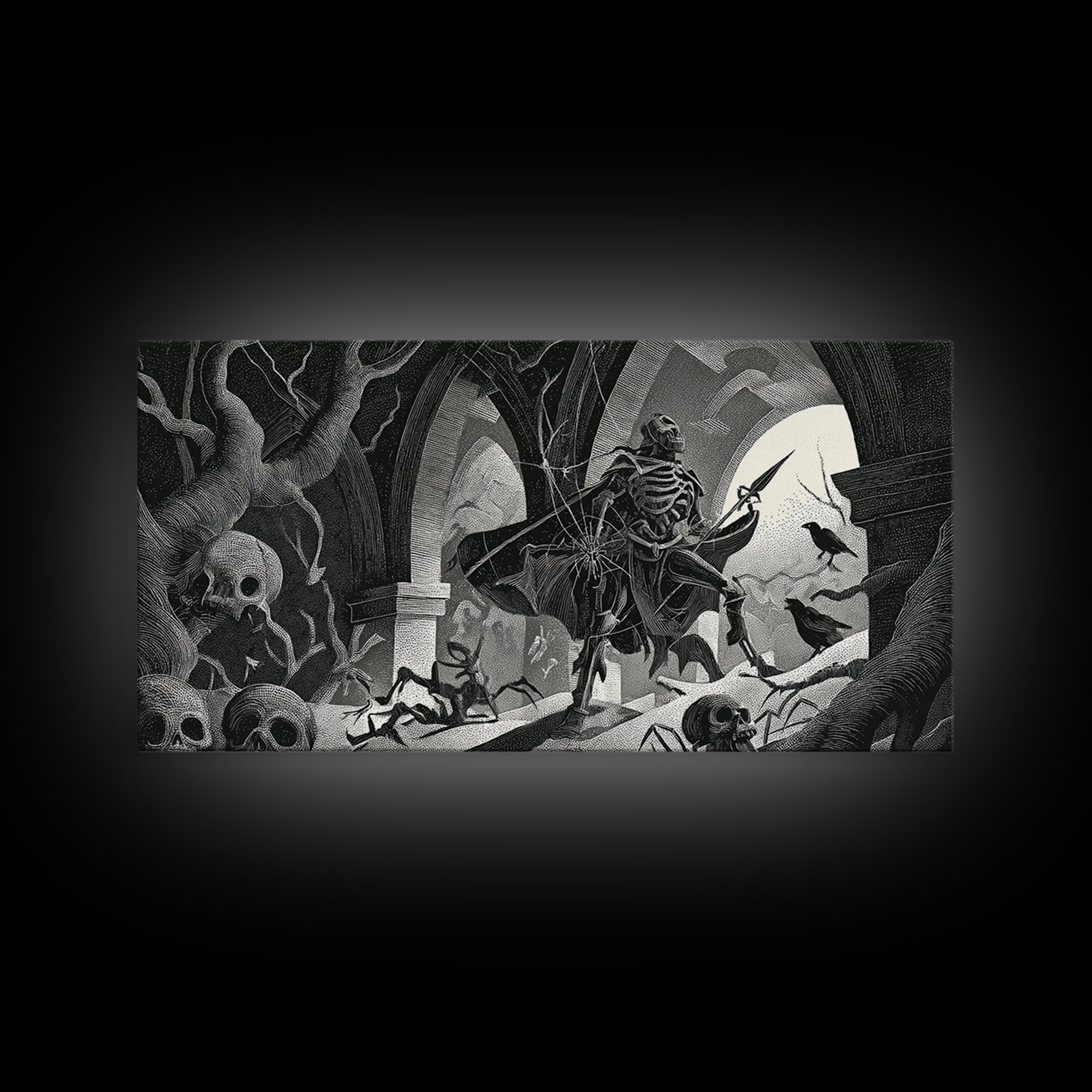 The Spider Knight, Macabre Folk Print Art, Wide Panoramic Art, Gothic Horror Wall Art, Framed Canvas Print, Halloween Wall Art