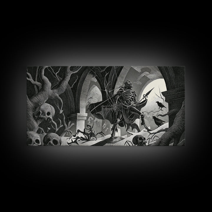 The Spider Knight, Macabre Folk Print Art, Wide Panoramic Art, Gothic Horror Wall Art, Framed Canvas Print, Halloween Wall Art