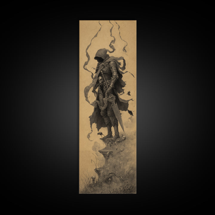 The Spider Knight, Surreal Apocalyptic Art, Tall Narrow Wall Art, Macabre Wall Art, Framed Canvas Print, Halloween Wall Art