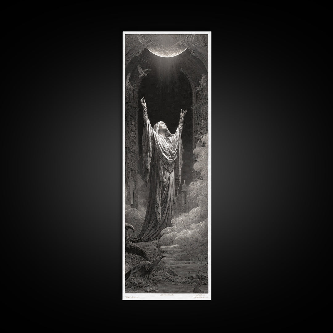 The Moon Priestess, Gothic Engraving Art, Tall Narrow Wall Art, Gothic Horror Wall Art, Canvas Print, Halloween Wall Art