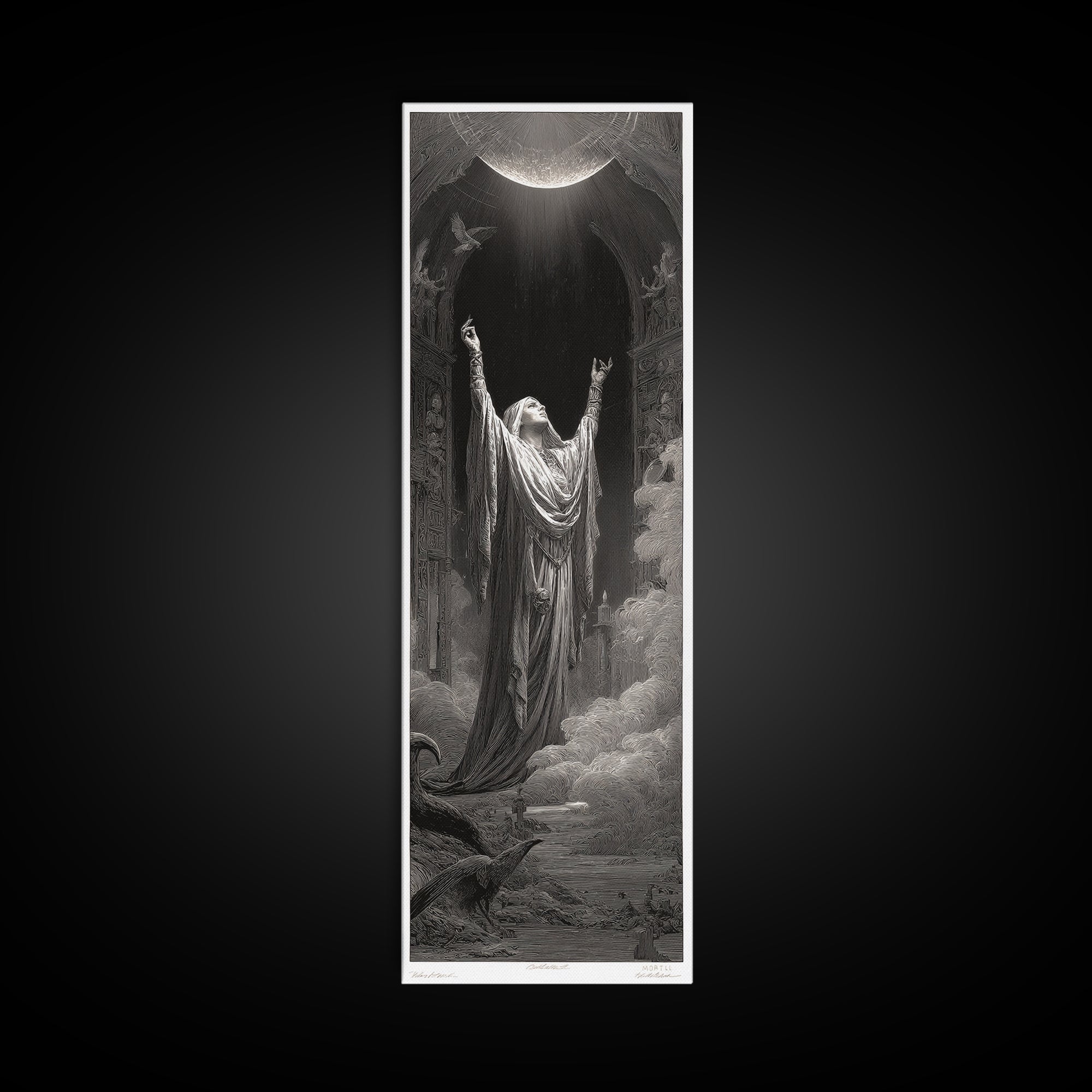 The Moon Priestess, Gothic Engraving Art, Tall Narrow Wall Art, Gothic Horror Wall Art, Canvas Print, Halloween Wall Art