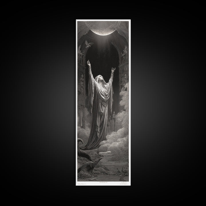 The Moon Priestess, Gothic Engraving Art, Tall Narrow Wall Art, Gothic Horror Wall Art, Canvas Print, Halloween Wall Art