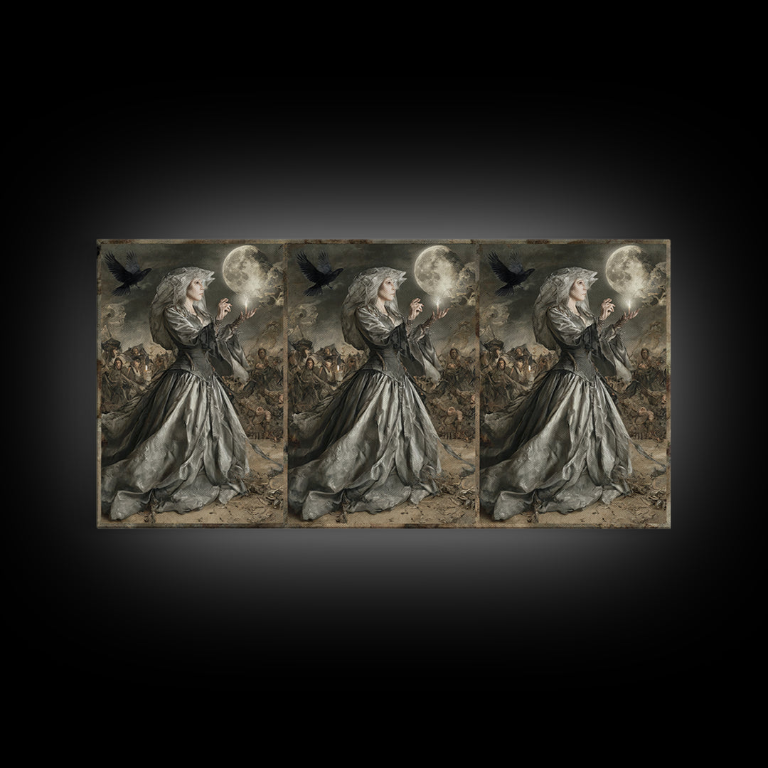 The Moon Priestess, Northern Renaissance Horror, Wide Panoramic Art, Macabre Wall Art, Framed Canvas Print, Halloween Wall Art