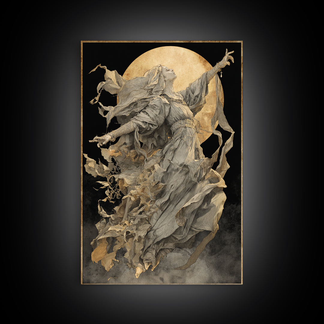 The Moon Priestess, Dark Renaissance Art, Vertical Wall Art, Dark Halloween Decor, Canvas Print, Halloween Wall Art