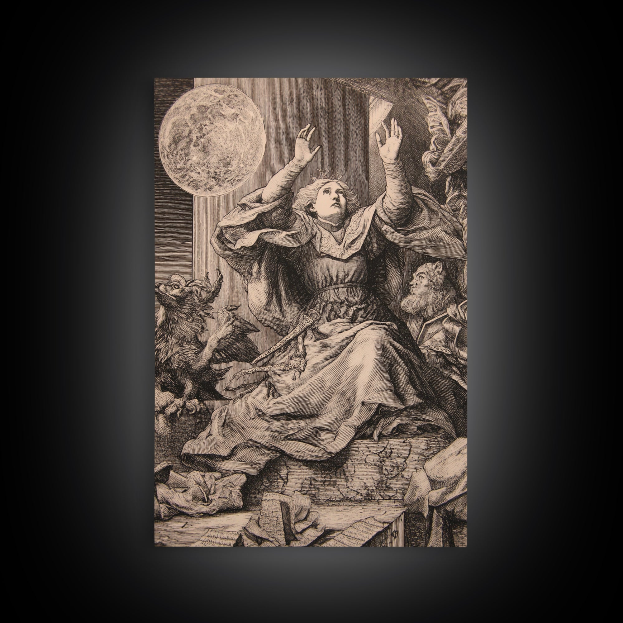 The Moon Priestess, Renaissance Engraving Art, Vertical Wall Art, Macabre Wall Art, Framed Canvas Print, Halloween Wall Art