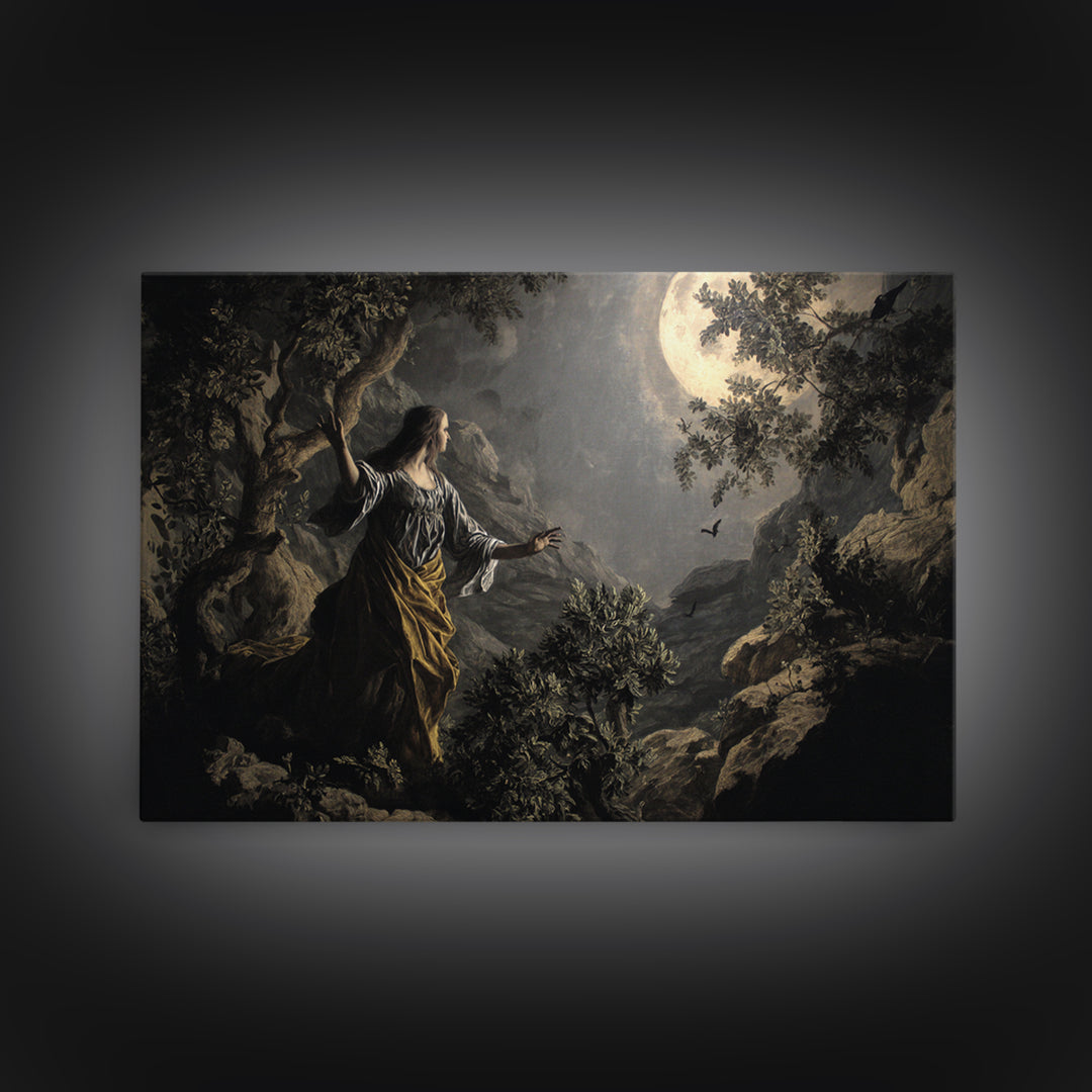 The Moon Priestess, Baroque Witchcraft Art, Landscape Wall Art, Dark Fantasy Wall Art, Framed Canvas Print, Halloween Wall Art