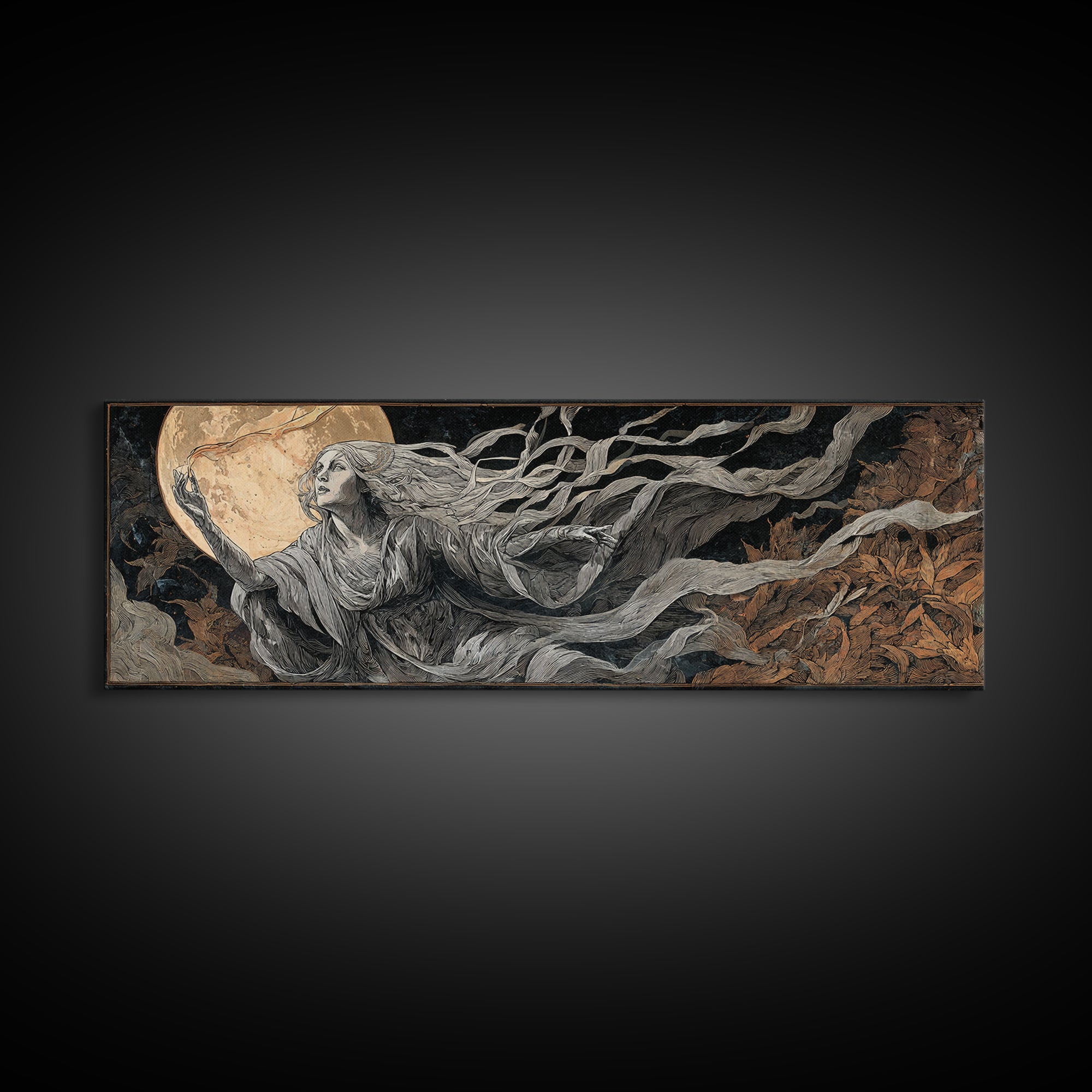 The Moon Priestess, Visionary Gothic Art, Extra Wide Wall Art, Dark Fantasy Wall Art, Framed Canvas Print, Halloween Wall Art