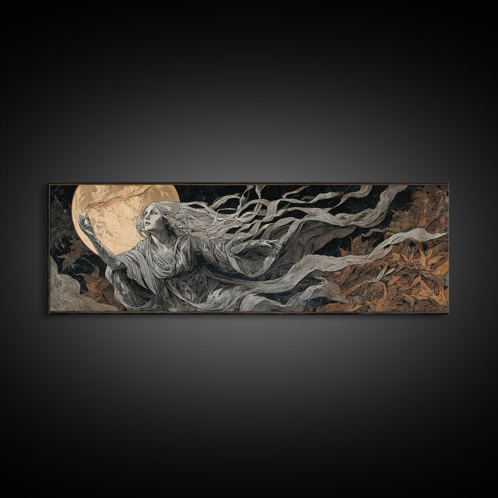 The Moon Priestess, Visionary Gothic Art, Extra Wide Wall Art, Dark Fantasy Wall Art, Framed Canvas Print, Halloween Wall Art