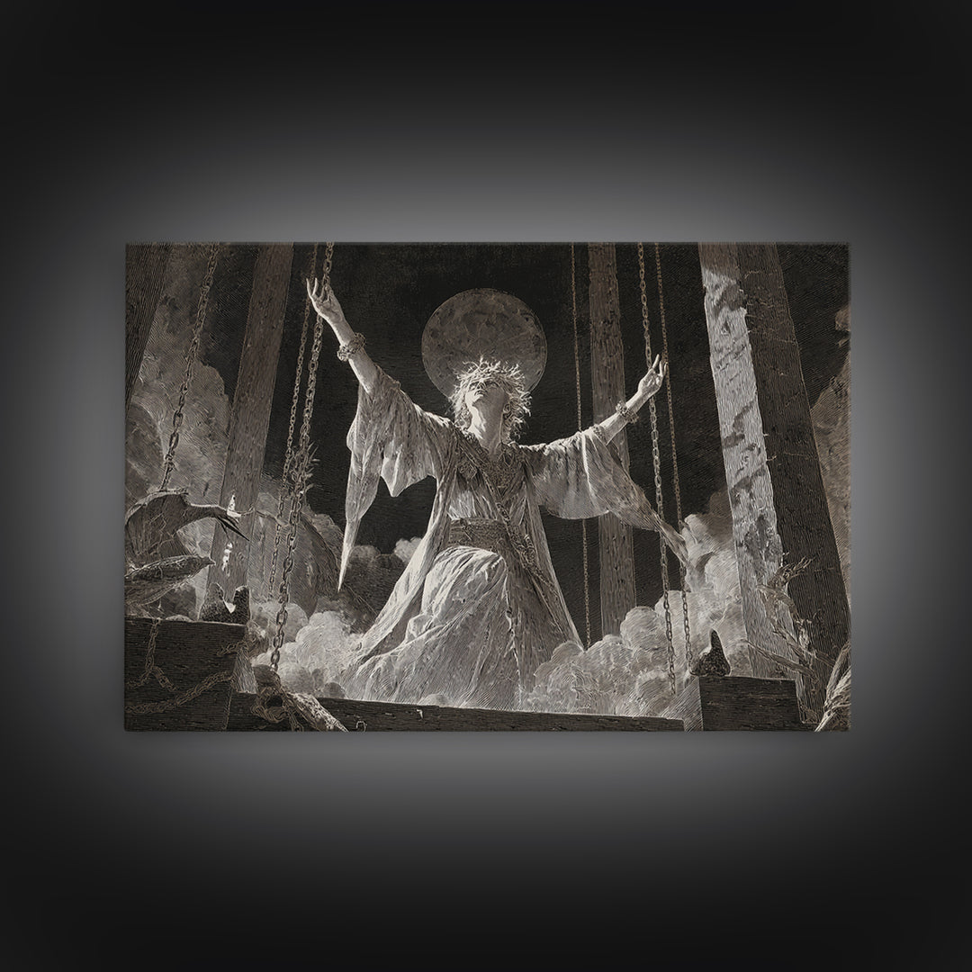 The Moon Priestess, Architectural Etching Art, Landscape Wall Art, Dark Fantasy Wall Art, Canvas Print, Halloween Wall Art