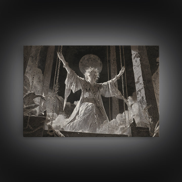 The Moon Priestess, Architectural Etching Art, Landscape Wall Art, Dark Fantasy Wall Art, Canvas Print, Halloween Wall Art