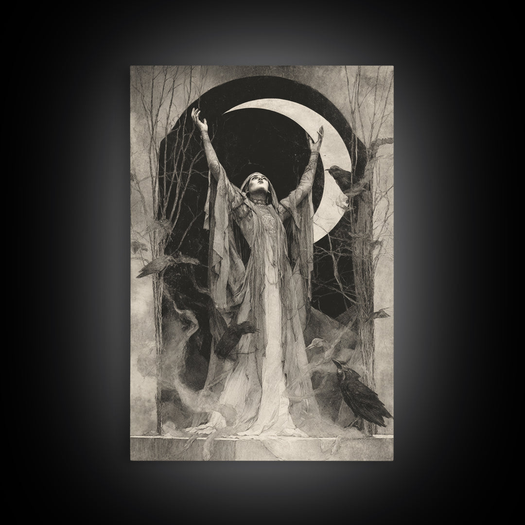 The Moon Priestess, Symbolist Dream Art, Vertical Wall Art, Macabre Wall Art, Framed Canvas Print, Halloween Wall Art