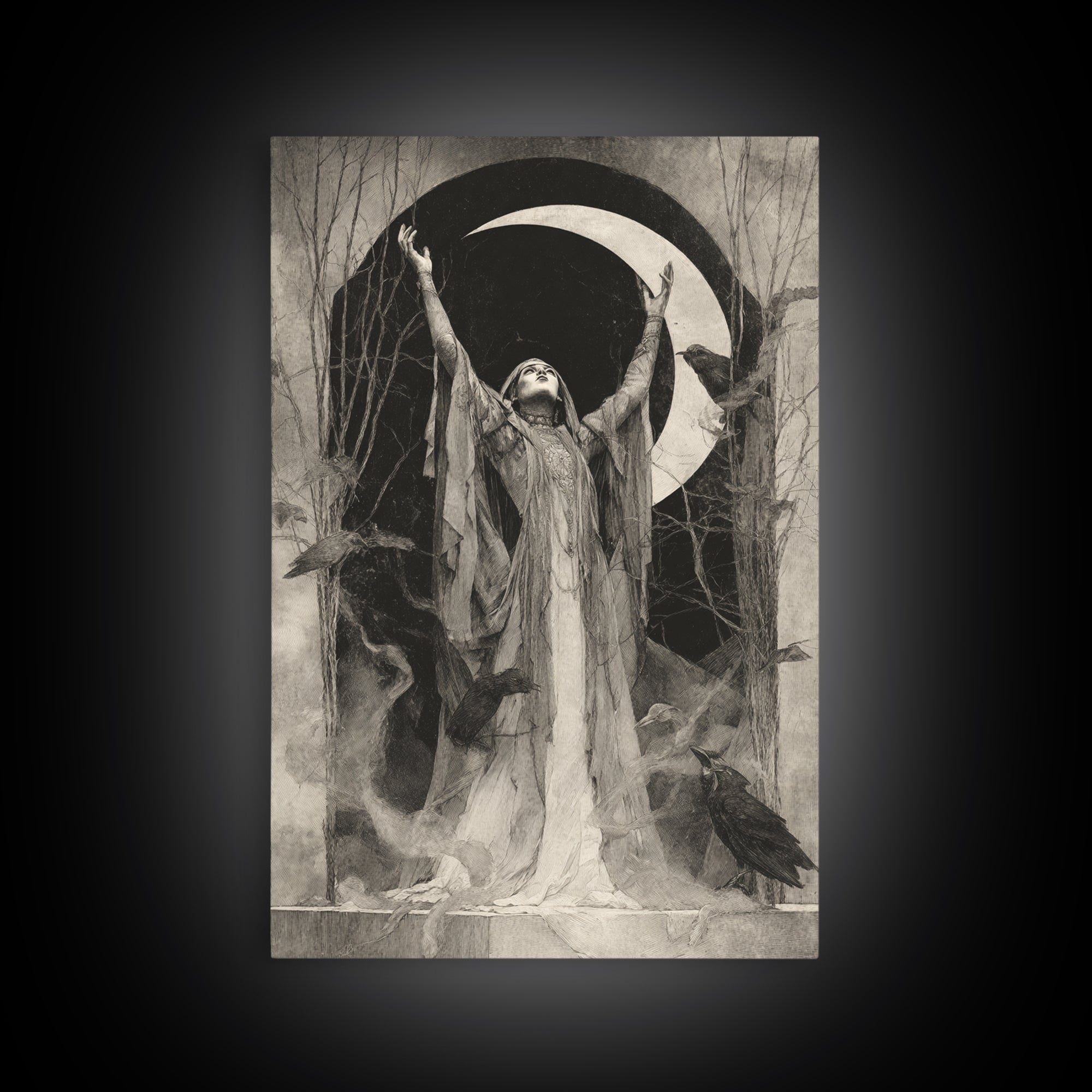 The Moon Priestess, Symbolist Dream Art, Vertical Wall Art, Macabre Wall Art, Framed Canvas Print, Halloween Wall Art