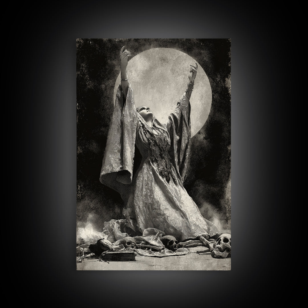 The Moon Priestess, Decadent Gothic Art, Vertical Wall Art, Gothic Horror Wall Art, Framed Canvas Print, Halloween Wall Art