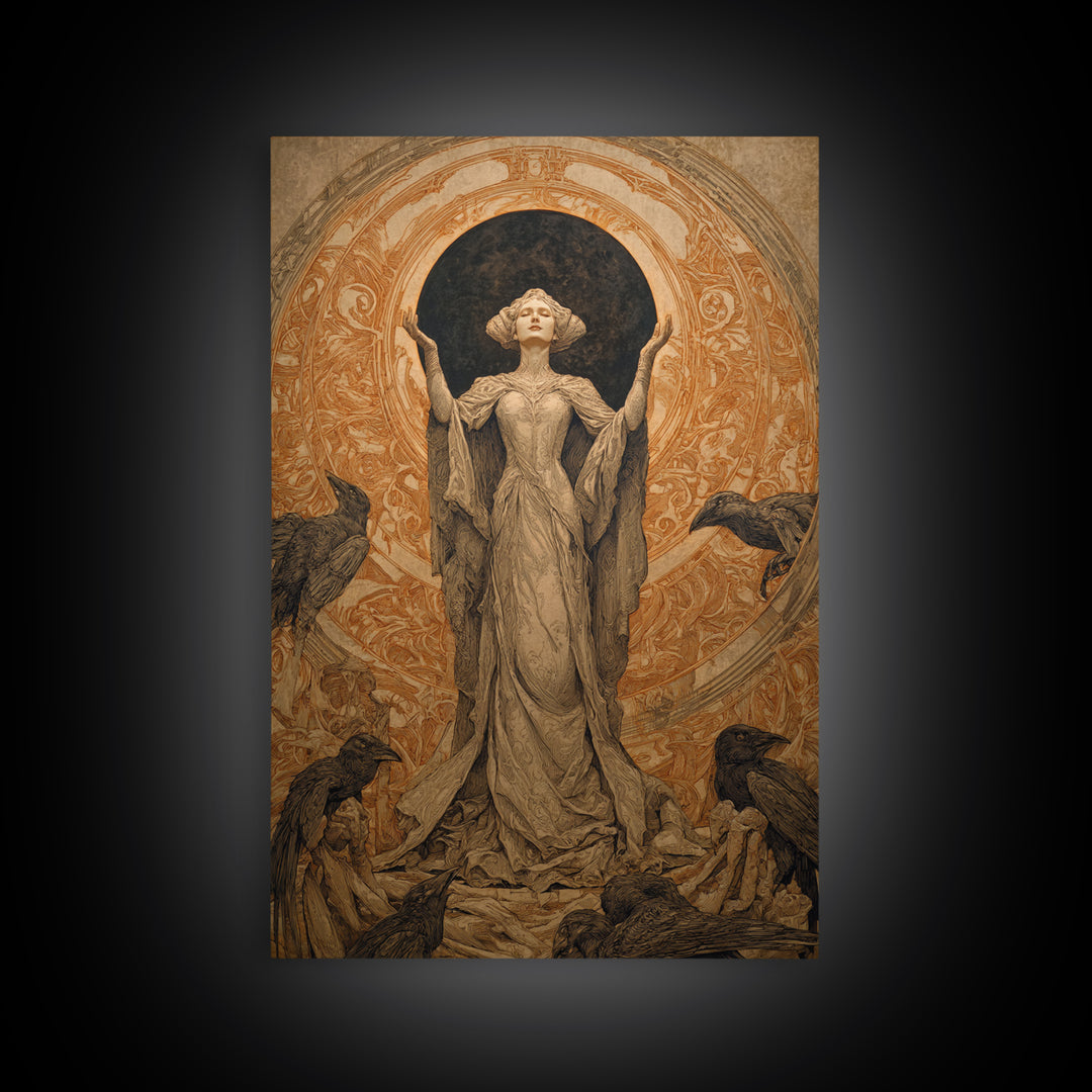 The Moon Priestess, Symbolist Death Art, Vertical Wall Art, Dark Halloween Decor, Canvas Print, Halloween Wall Art