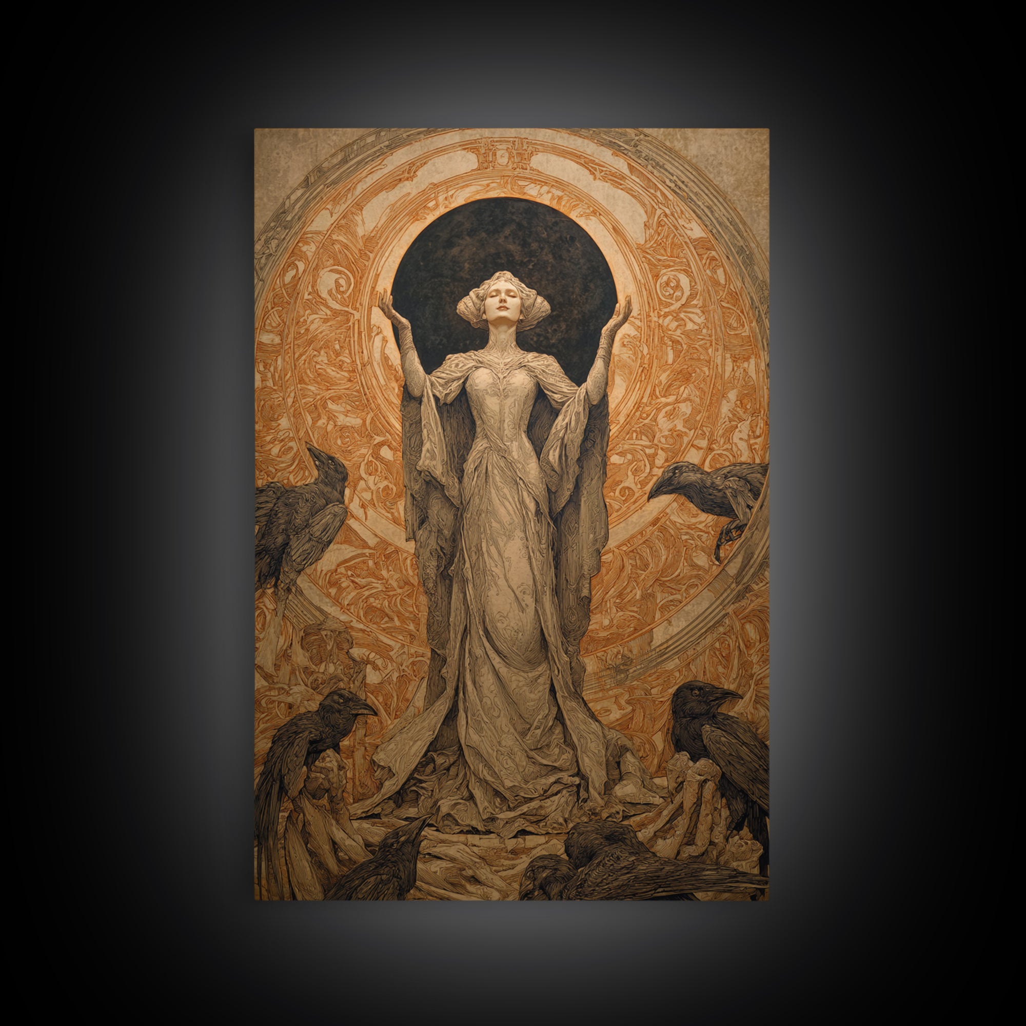 The Moon Priestess, Symbolist Death Art, Vertical Wall Art, Dark Halloween Decor, Canvas Print, Halloween Wall Art