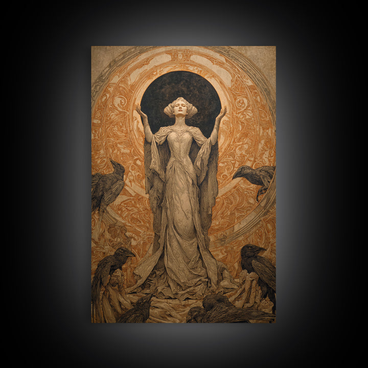 The Moon Priestess, Symbolist Death Art, Vertical Wall Art, Dark Halloween Decor, Canvas Print, Halloween Wall Art