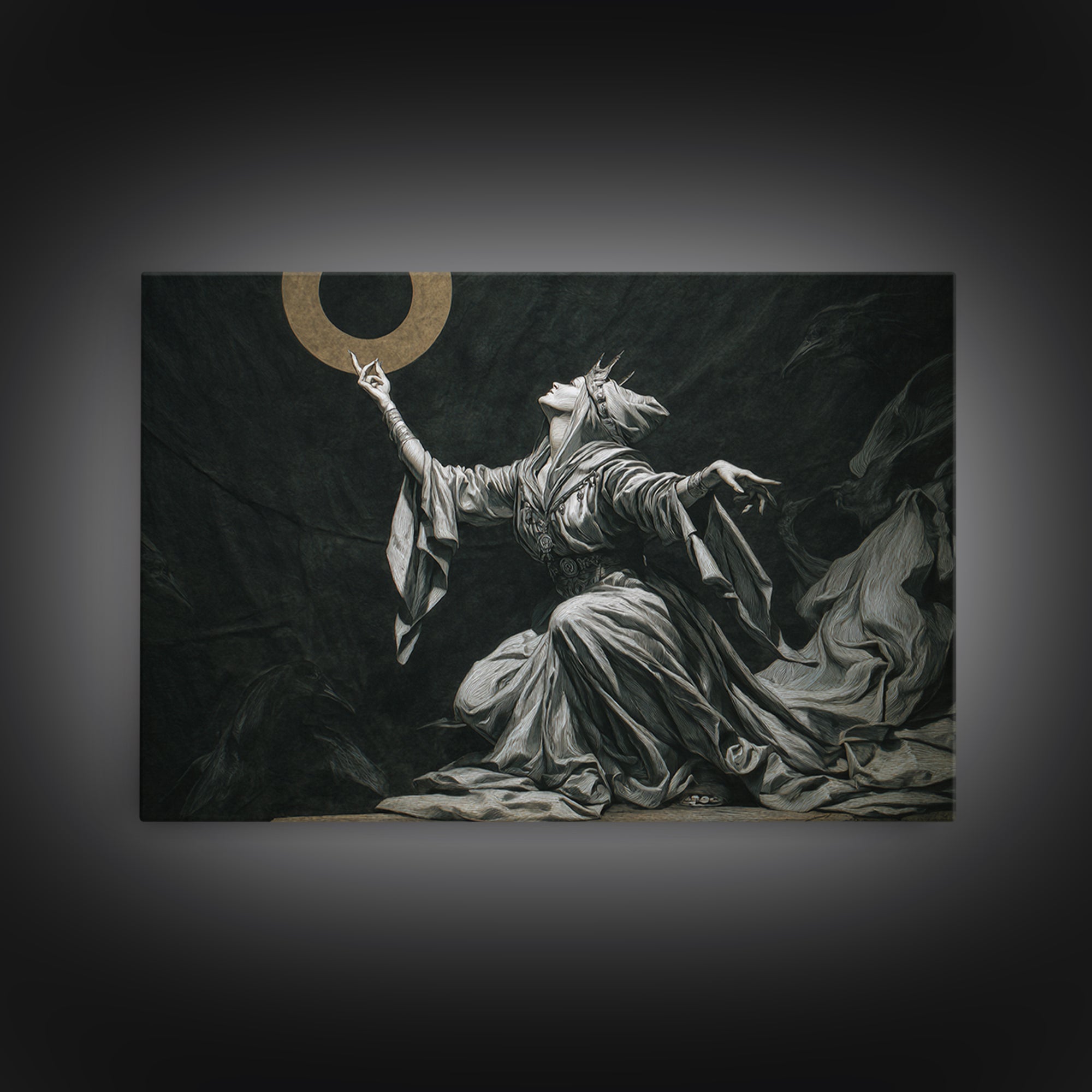 The Moon Priestess, Expressionist Nightmare Art, Landscape Wall Art, Dark Halloween Decor, Framed Canvas Print, Halloween Wall Art