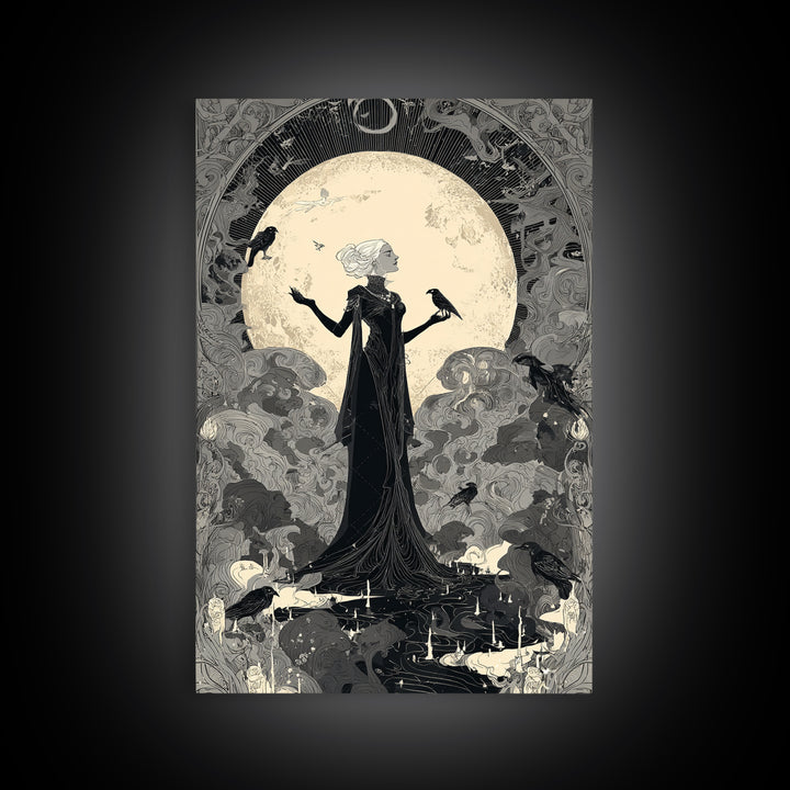 The Moon Priestess, Decadent Line Art, Vertical Wall Art, Gothic Horror Wall Art, Framed Canvas Print, Halloween Wall Art