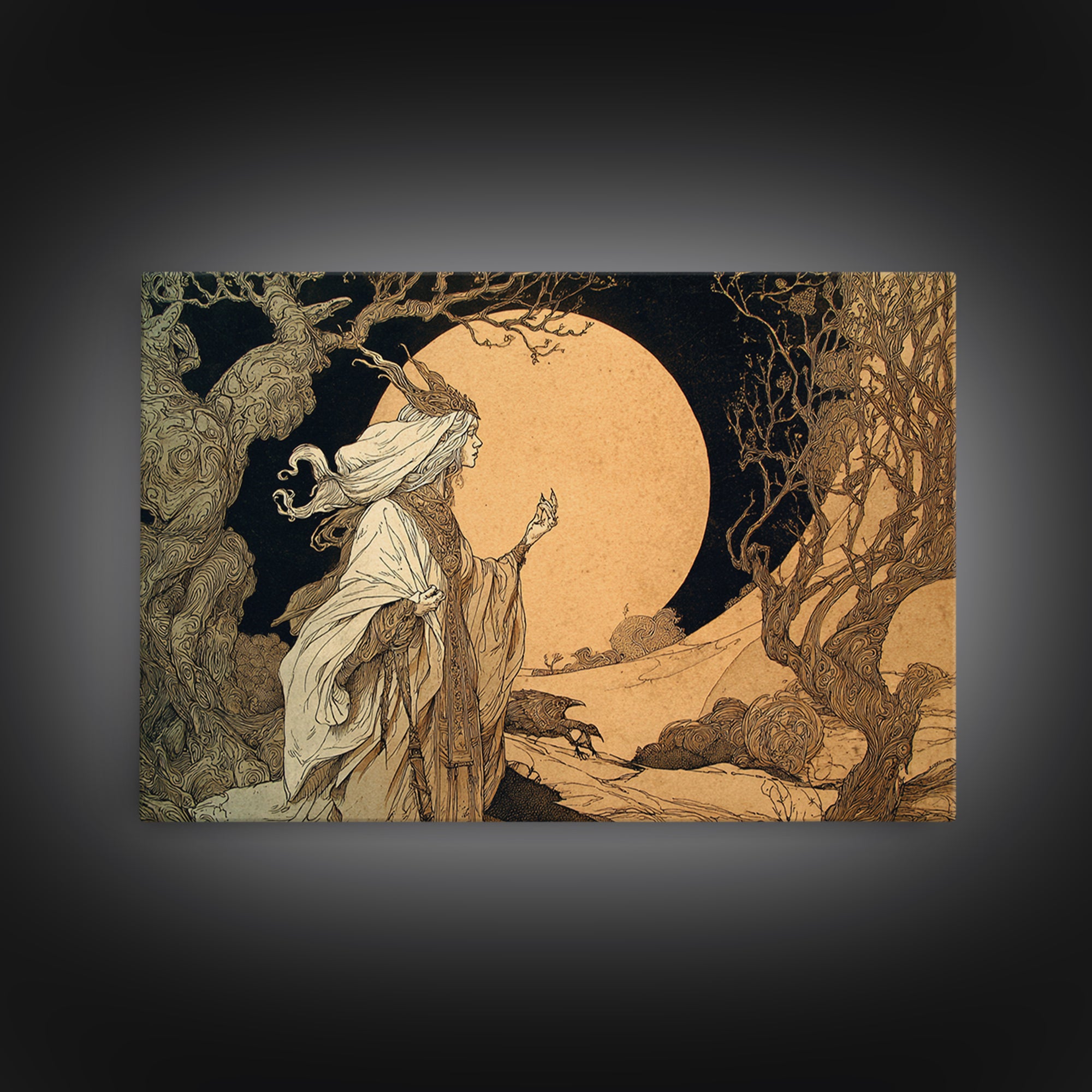 The Moon Priestess, Gothic Storybook Art, Landscape Wall Art, Macabre Wall Art, Framed Canvas Print, Halloween Wall Art