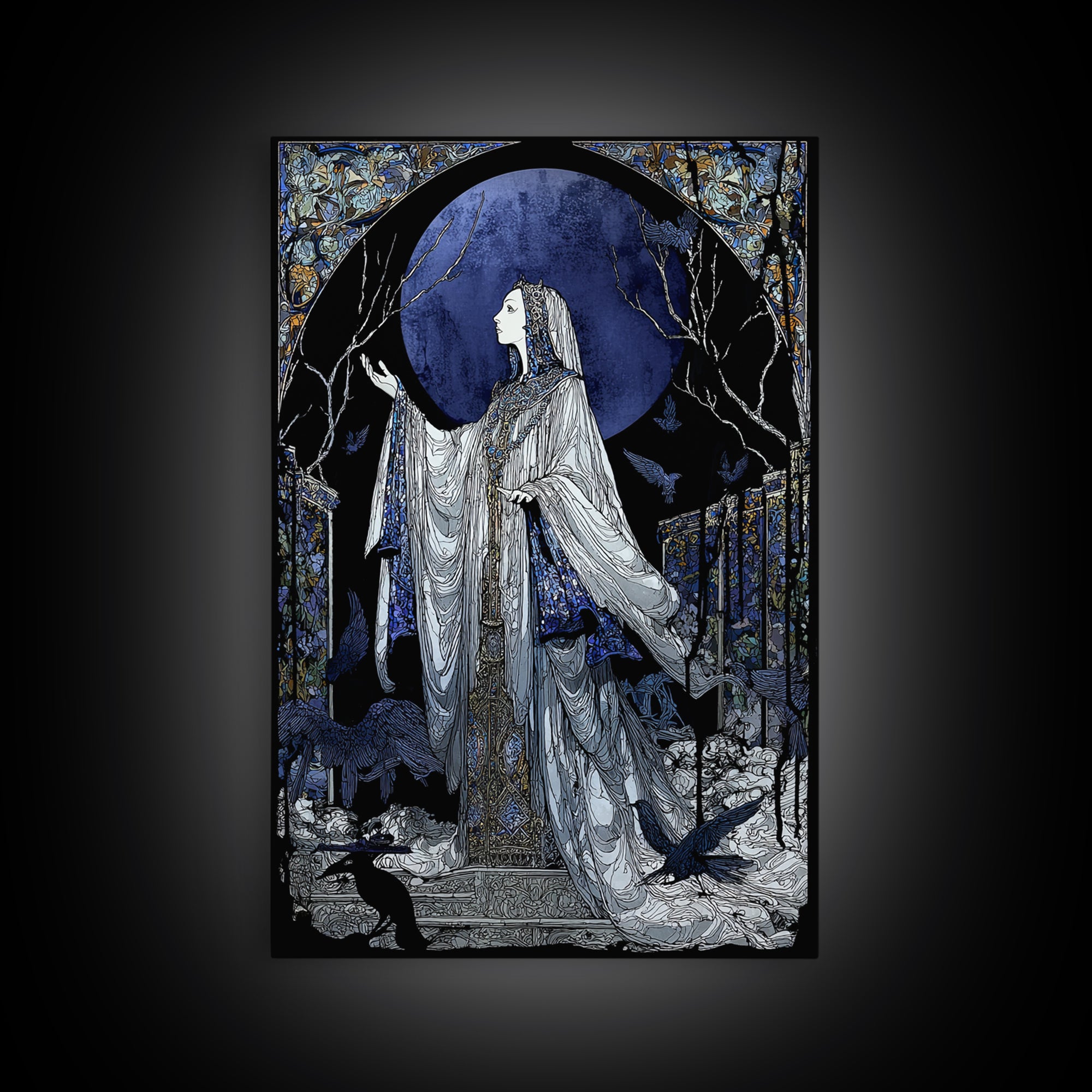 The Moon Priestess, Stained Glass Gothic Art, Vertical Wall Art, Macabre Wall Art, Framed Canvas Print, Halloween Wall Art
