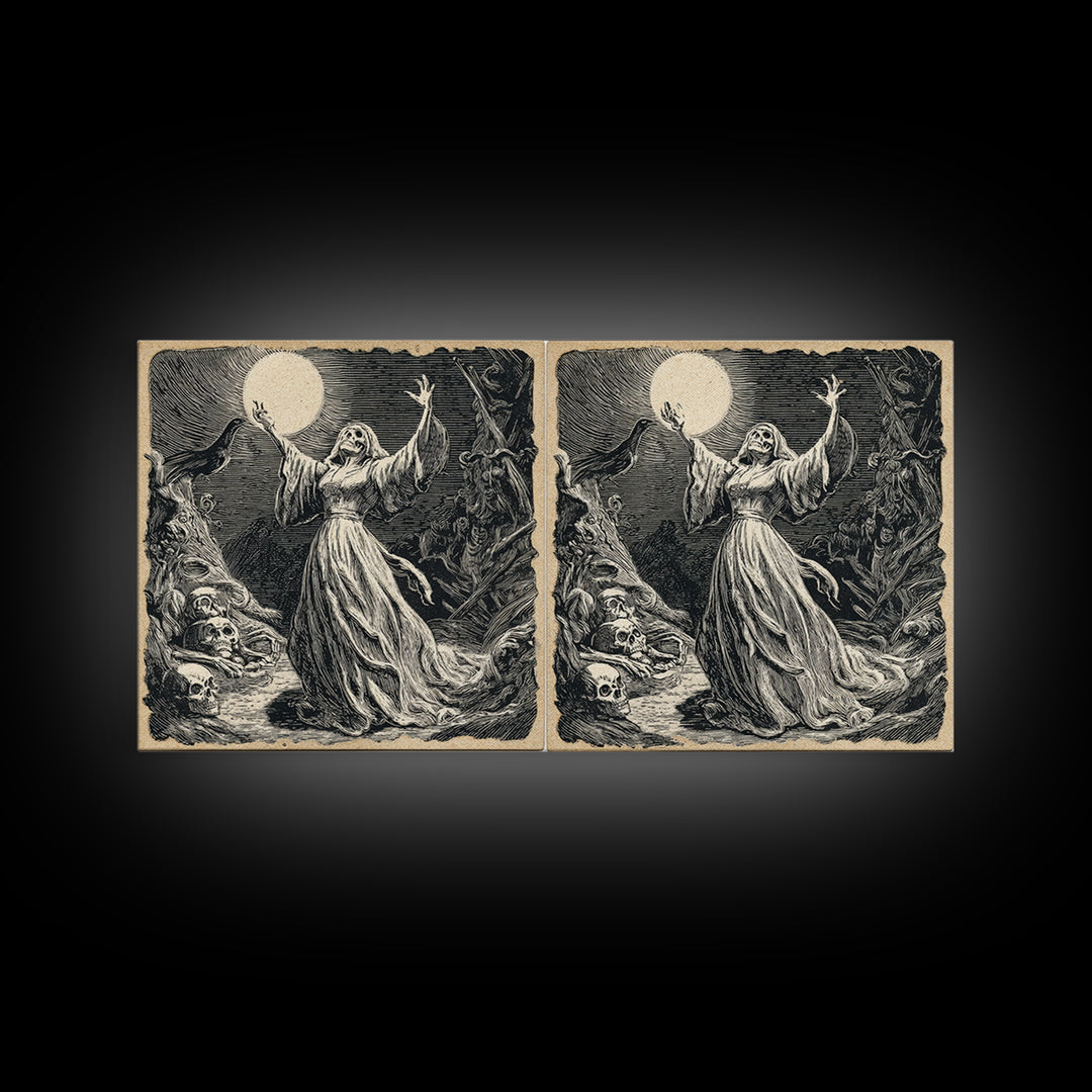 The Moon Priestess, Macabre Folk Print Art, Wide Panoramic Art, Macabre Wall Art, Canvas Print, Halloween Wall Art