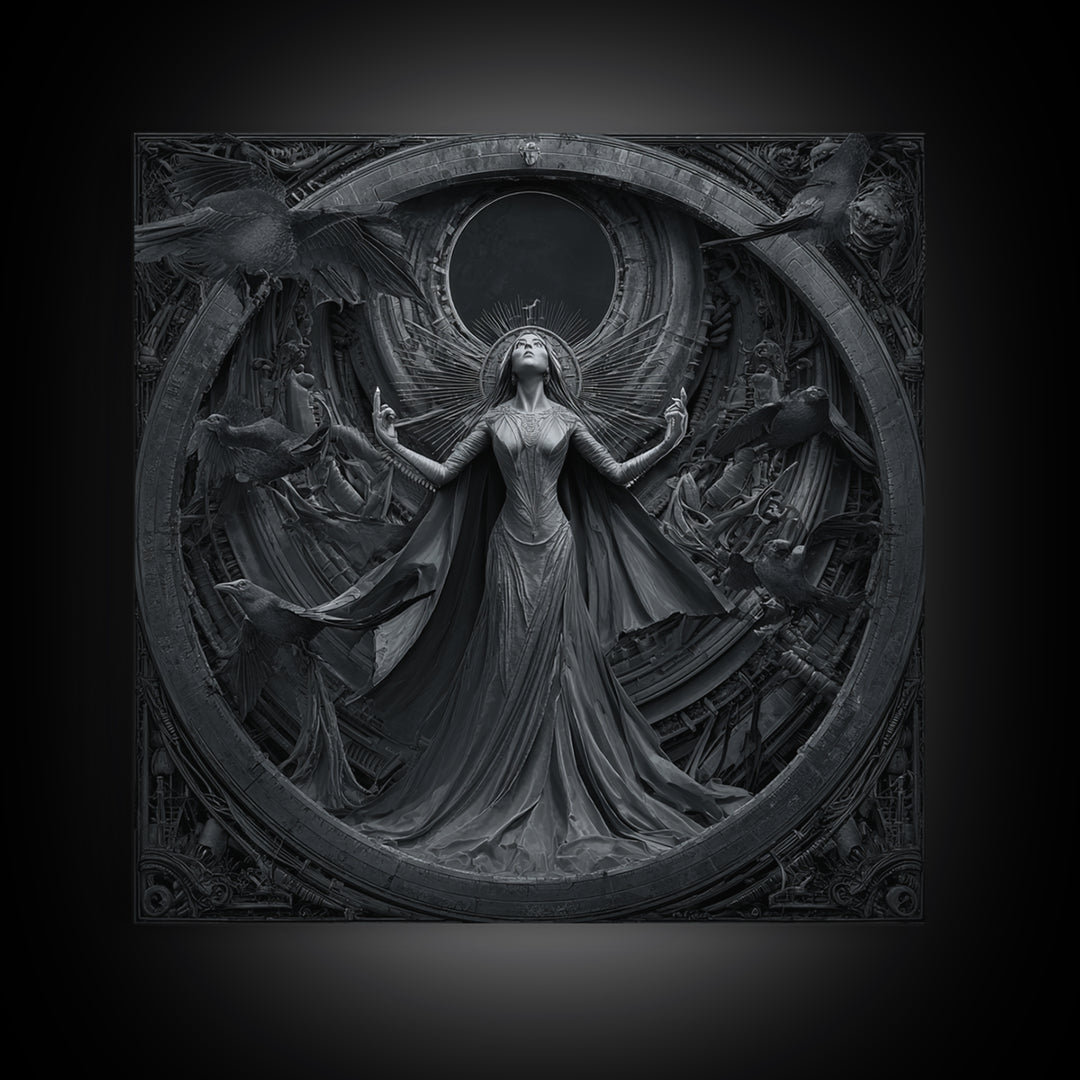 The Moon Priestess, Biomechanical Horror Art, Square Wall Art, Macabre Wall Art, Framed Canvas Print, Halloween Wall Art, Dark Fantasy Art