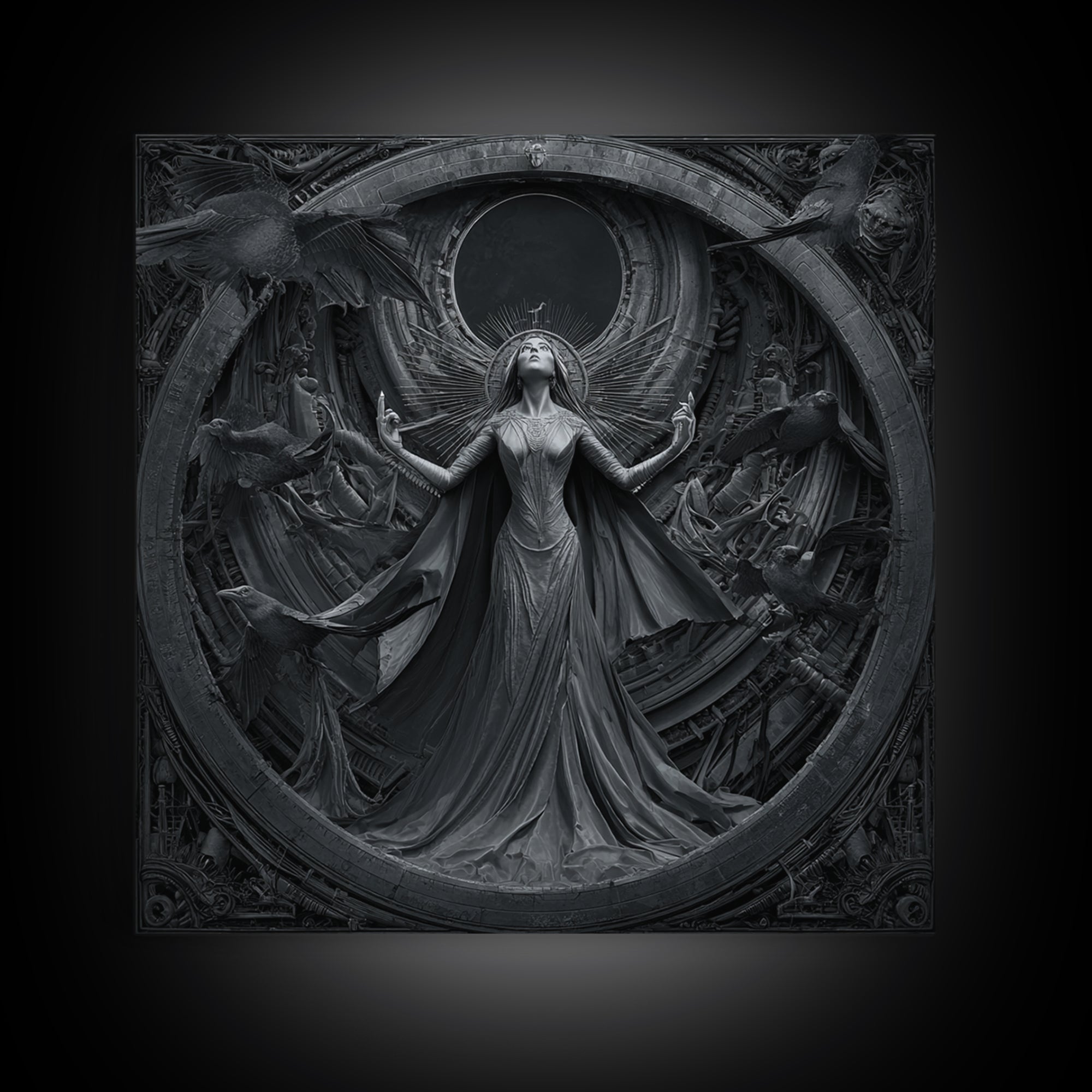 The Moon Priestess, Biomechanical Horror Art, Square Wall Art, Macabre Wall Art, Framed Canvas Print, Halloween Wall Art, Dark Fantasy Art
