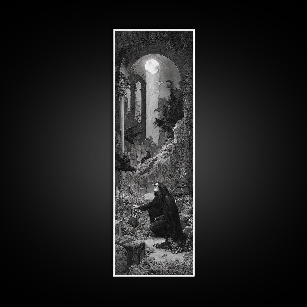The Graveyard Gardener, Gothic Engraving Art, Tall Narrow Wall Art, Macabre Wall Art, Framed Canvas Print, Halloween Wall Art
