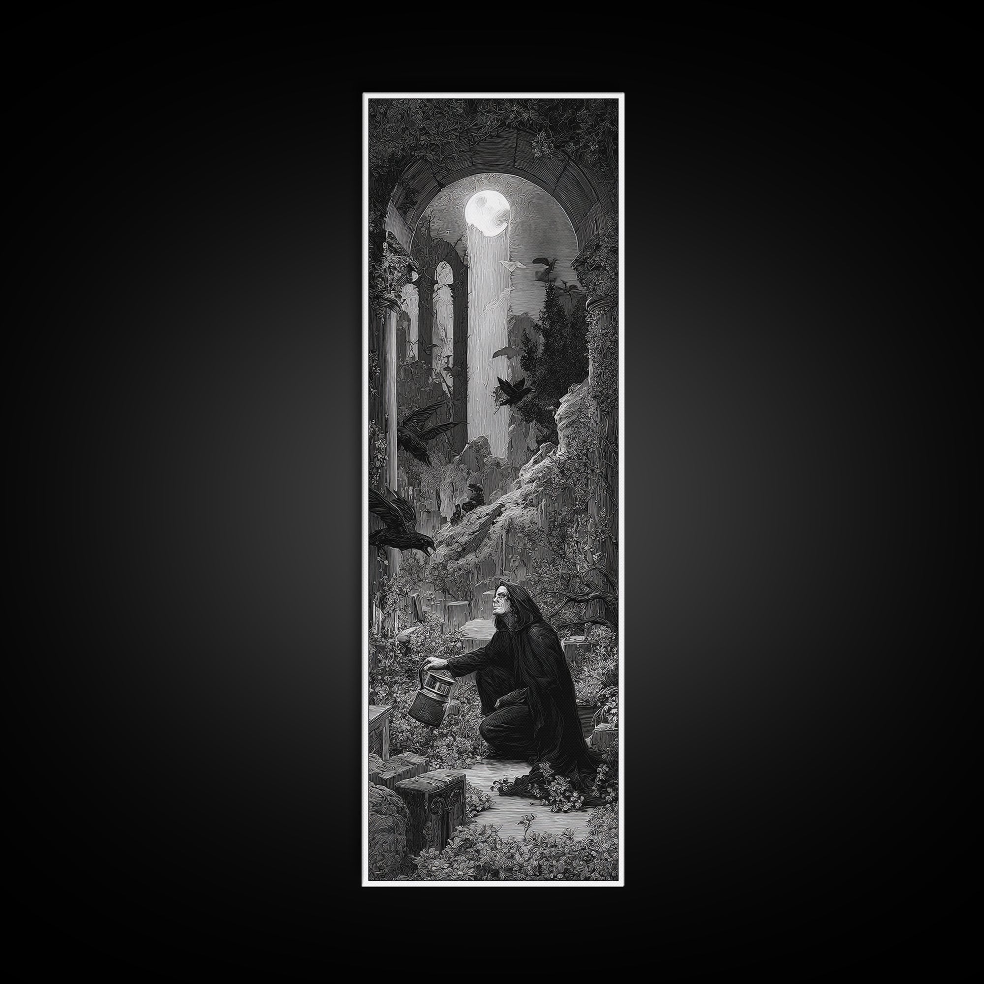 The Graveyard Gardener, Gothic Engraving Art, Tall Narrow Wall Art, Macabre Wall Art, Framed Canvas Print, Halloween Wall Art
