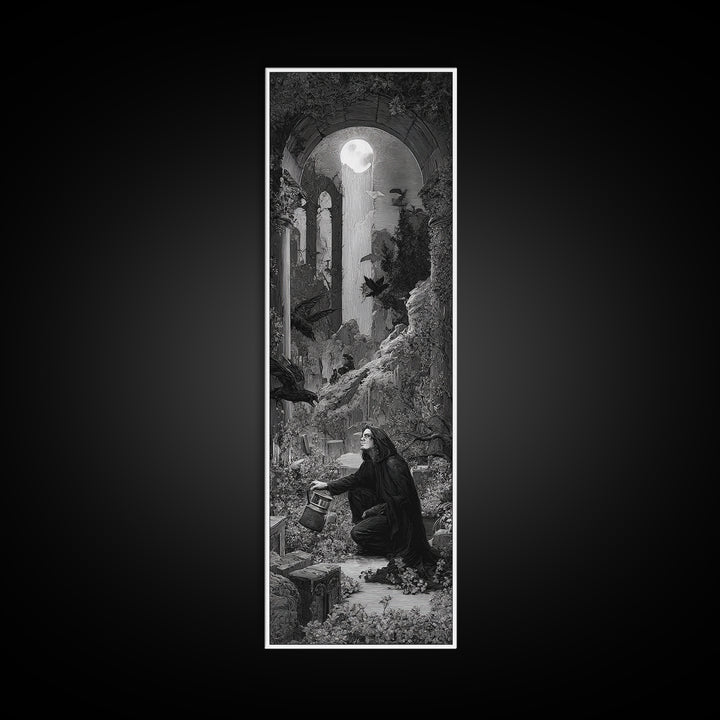 The Graveyard Gardener, Gothic Engraving Art, Tall Narrow Wall Art, Macabre Wall Art, Framed Canvas Print, Halloween Wall Art
